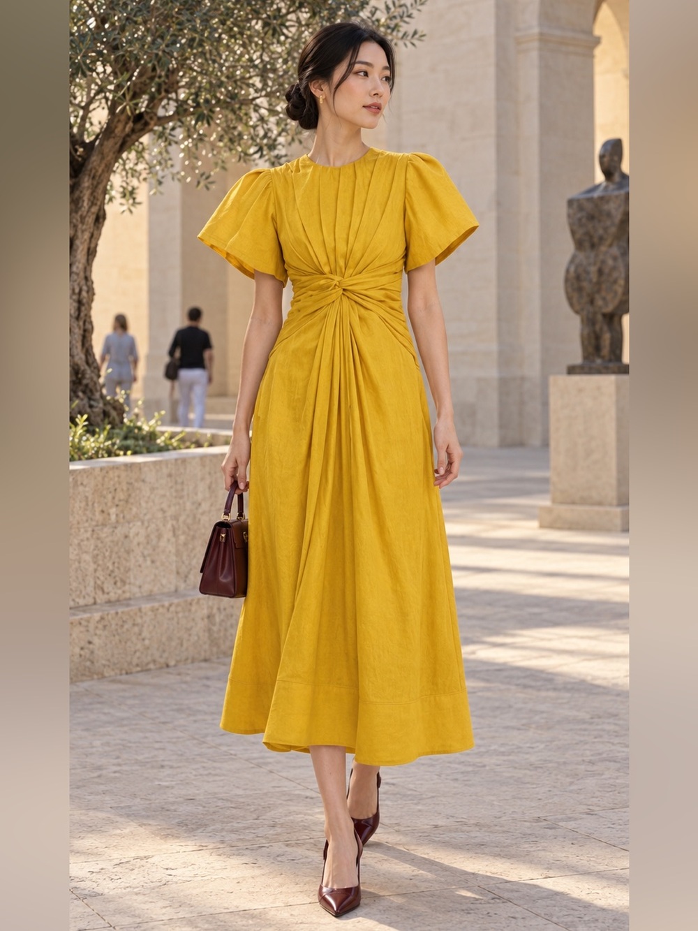Aje Current Season Movement Dress Golden Yellow Twist-Waist Puff Sleeve Midi Dre